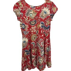 Chaps Denim Red Floral Scoop Back Fit & Flare short Dress Boho L